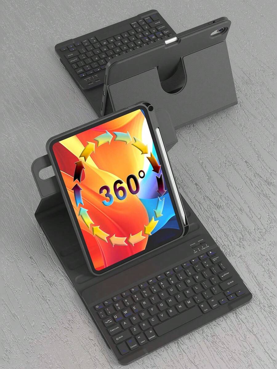360°旋转键盘保护套，兼容iPad（A16）第11/10代、第7/8/9代，iPad Air第4/5代/(M2) 2024/(M3) 2025，iPad Pro 11英寸（2018/2020/2021/2022），PU皮革材质，内置可拆卸无线键盘，150mAh电池，Apple Pencil笔槽，黑色