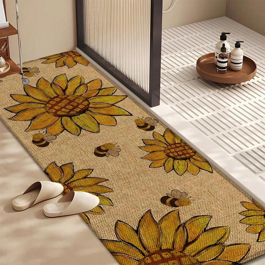 1 pieza, Decoración del hogar, Estampado de patrón de girasol, Alfombra de cocina de lino, Tapete de cocina, Tapete de piso, Tapete de baño, Tapete de puerta, Impresión 3D rectangular, Apto para sala de estar, dormitorio, pasillo, baño, lavandería - Alfombra de poliéster, Apto para decoración del hogar interior y exterior - Multicolor - Ver 1