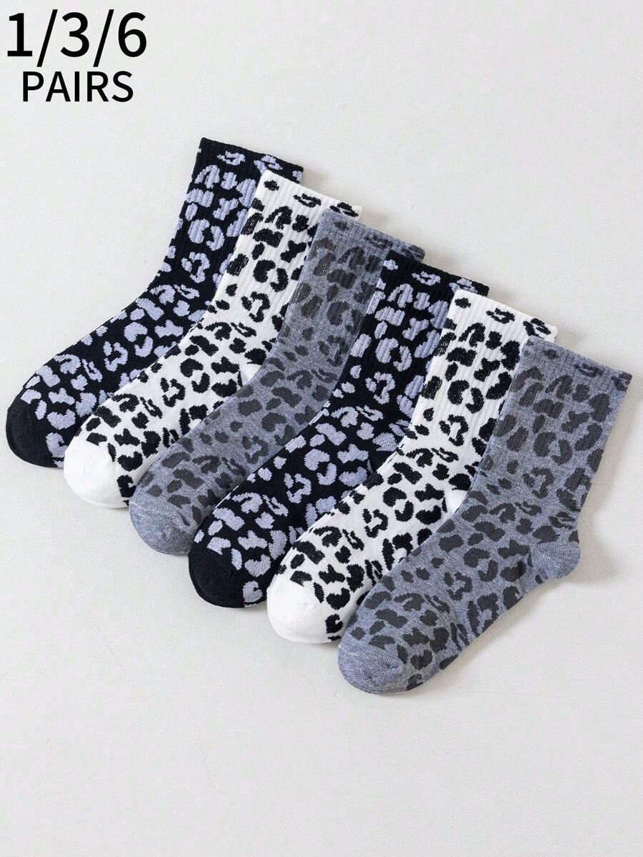 1/3/6 pares de calcetines con estampado de leopardo transpirables, aptos para el campus, la universidad, fiestas escolares, uso diario casual. Calcetines cómodos y suaves hasta el tobillo para hombres y mujeres - Multicolor - Ver 1
