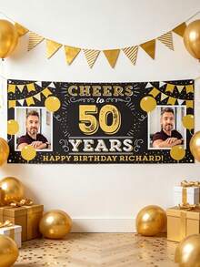 Personalized Photo Birthday Banner Backdrop, Suitable For Adults, Events, Parties, Wedding Decoration Posters. Personalized Custom Birthday Party Backdrop, Can Add Photos And Text Decoration. Black And Gold Party Backdrop Birthday Decoration Supplies. Custom Birthday Photo Backdrop, Party Decoration. - Multicolor - View 3