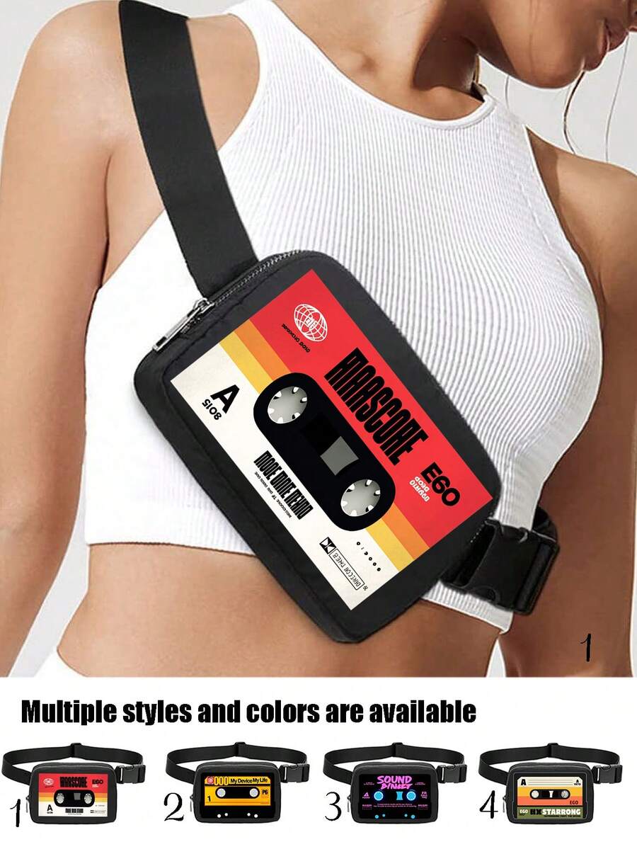 Bolsa transversal de peito com estampa de fita cassete vintage - Bolsa de cintura estilo nostálgico (alça ajustável) - Pequena bolsa transversal de ombro - Bolsa de armazenamento leve com fecho de correr unissexo - Estilo hip hop Y2K de rua - Adequada para corrida, viagens, fitness, festivais de música e uso casual diário - Multicolorido - Ver 1