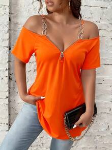 Women's Plus Size Plain Off-Shoulder Top - Orange - View 1