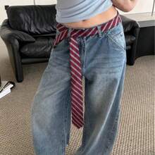 JK制服女款領帶與腰帶，細條紋長帶設計，適合日常休閒、週末出遊、約會、校園及其他場合。此配件時尚百搭，亦適合作為情人節裝飾與禮物 - 殷紅色 - 查看 1
