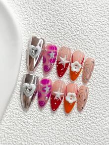 10Pcs Casual Style Handmade Press On Nail,Polygel Nail Set,Starfish,Small Flower Button,Star,Silver,Orange,Purple And Red Nail Polish,Fresh Style,Includes Nail Tools,3 Sizes Available,Almond,Duck,Coffin Nails For Party,Dance,Daily Wear. - Multicolor - View 16