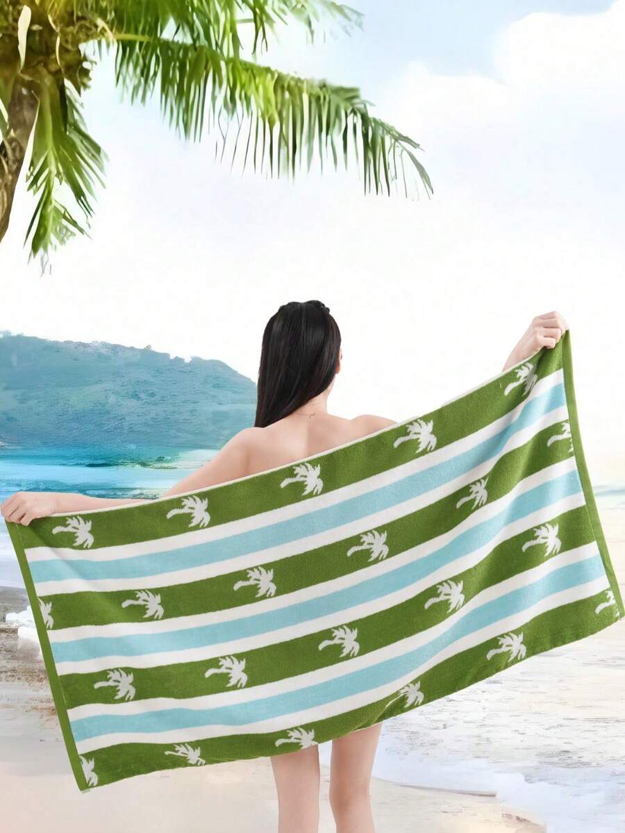 QIBHI 4件組特大號XL海灘浴巾 - 大尺寸超大浴巾 - 100%純棉 460 GSM 超柔軟奢華 - 泳池野餐浴巾 - 涼亭條紋綠色&白色浴巾套裝 - 薄荷綠 - 查看 1