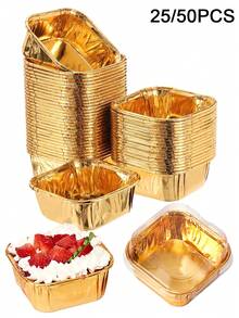 50/25 piezas Moldes para pasteles dorados con tapas, tazas de papel cuadradas con borde enrollado y revestimiento a prueba de aceite, moldes de aluminio desechables resistentes al calor, forros de papel brillante, adecuados para hornear en la cocina, catering, bodas y fiestas de cumpleaños, Navidad, muffins, postres - Dorado - Ver 1
