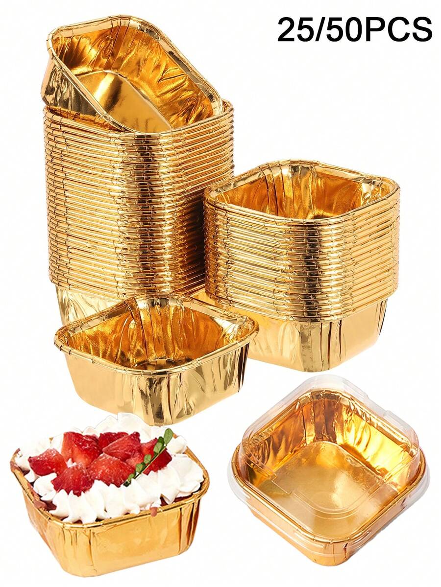 50/25 piezas Moldes para pasteles dorados con tapas, tazas de papel cuadradas con borde enrollado y revestimiento a prueba de aceite, moldes de aluminio desechables resistentes al calor, forros de papel brillante, adecuados para hornear en la cocina, catering, bodas y fiestas de cumpleaños, Navidad, muffins, postres - Dorado - Ver 1