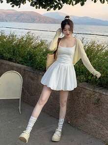 白色吊带连衣裙 女士 新款夏季芭蕾舞设计 修身泡泡腰 A字裙 优雅 - 白色 - 查看 5