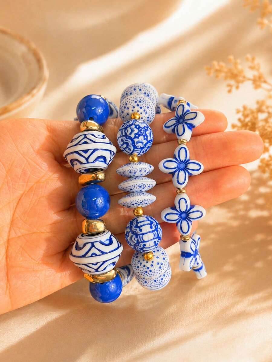 3件組復古獨特精緻高級優雅時尚仿陶瓷珠串手鍊套組,適合女性日常配戴、度假派對珠寶 - 彩色 - 查看 1