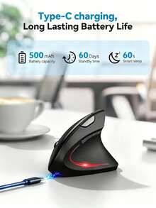 Ergonomic Vertical Wireless Mouse, Bluetooth & 2.4G Dual Mode Computer Mouse, RGB Light Type-C Rechargeable Mouse , 3 DPI Adjustable, Silent Click, 6 Buttons, Carpal Tunnel Relief,Compatible With Laptop PC Tablet Android,For Home Office Gaming - View 8