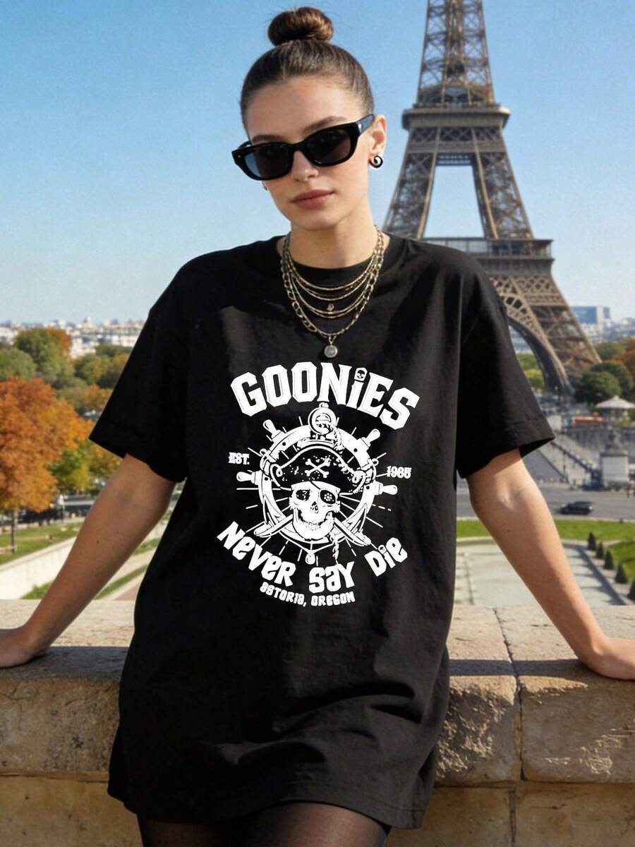 Women's Soft Casual Summer Crew Neck Short Sleeve T-Shirt, Vintage Pirate Style, Movie Props, Astoria, Never Give Up, Women's Tops, Generation Z, Tops, Cu - 黑色 - 查看 1