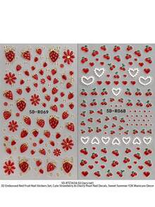 QIANJIKU 2入 Jelly Craft 紅色 & 金色金屬感草莓櫻桃美甲貼紙 - 5D 3D 浮雕蝴蝶結 & 珍珠貼飾 - 春季/夏季/情人節/婚禮季節/音樂節 DIY 美甲配件 節日禮物 - 彩色 - 查看 9