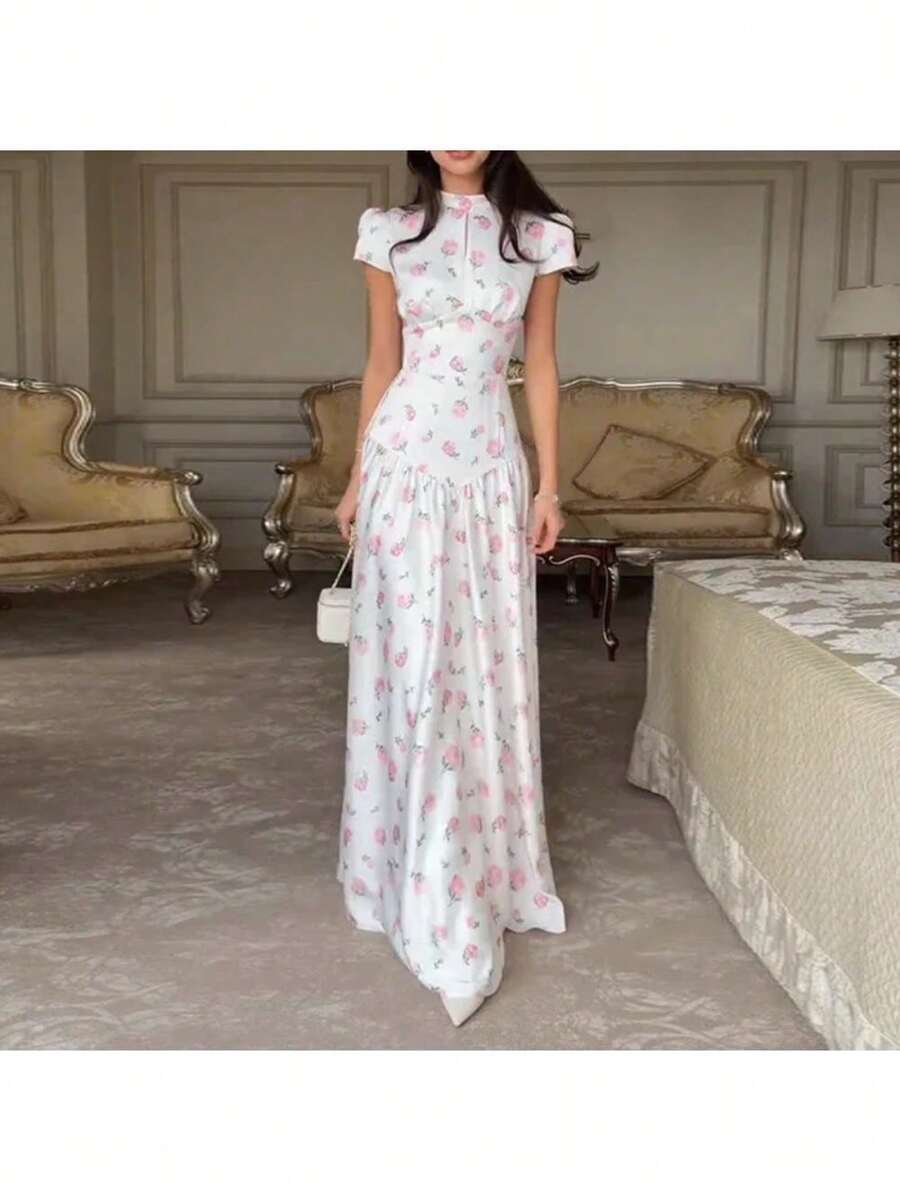 Elegante vestido largo rosa con estampado floral y volantes, corte en A, para mujer, perfecto para fiestas. - Blanco - Ver 1