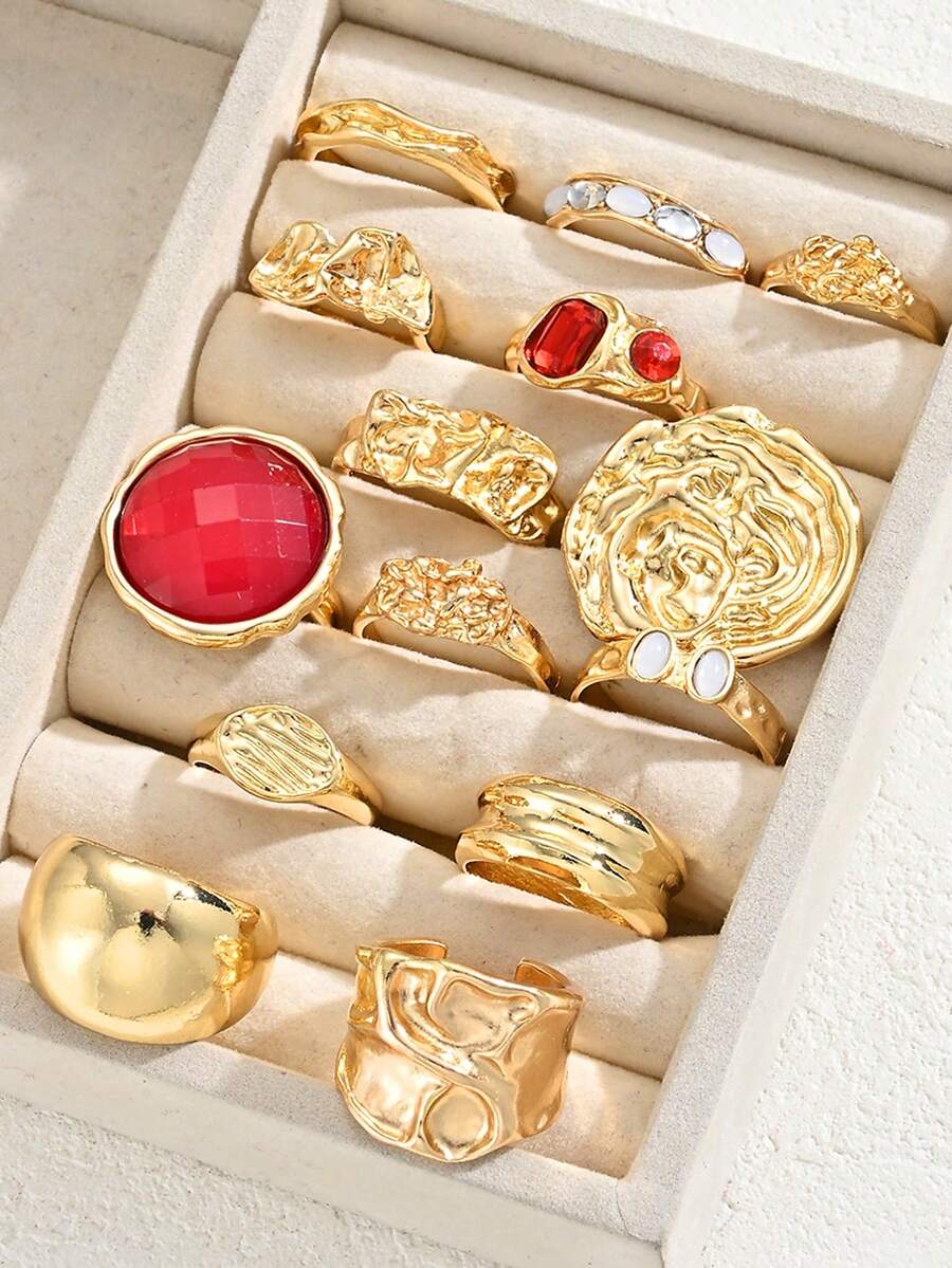Bộ 14 chiếc nhẫn nữ phong cách vintage thời trang màu vàng, thiết kế bất đối xứng cá tính đính đá quý đa sắc sang trọng kiểu Old Money, phù hợp đeo hàng ngày, hẹn hò, đi du lịch, làm quà tặng