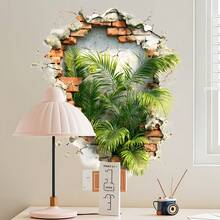1pc Brick Wall Crack Effect Palm Leaf And Green Plant Wall Sticker, Removable Self-Adhesive Waterproof PVC Sticker, Suitable For Bedroom, Living Room, And Entryway Background Wall Plant Art Decoration. - Wall Stickers - View 1