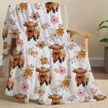Soft Fluffy Fleece Throw Blanket With Adorable Highland Cow And Floral Pattern Warm Cozy Lightweight Plush Sofa Blanket For Bed Couch Living Room Decor All Season Comfortable Flannel Throw(280 Gsm) - Multicolor - View 9