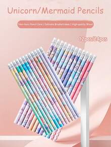 12支/24支可愛卡通獨角獸/美人魚HB鉛筆附橡皮擦，學生用學習文具，獎勵小禮物，開學季適用 - 多色 - 查看 9