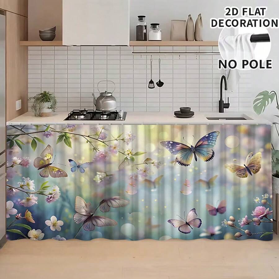 1 pieza, Decoración del hogar, Falda de mesa con estampado de mariposa, Cortina pequeña de cocina, Cubierta de gabinete de cocina, Con agujeros para cortina, Fácil de colgar, Rectangular, Tejido a máquina, Lavable a máquina, Decoración y accesorios de cocina, Perfecto para gabinetes de cocina y decoración del hogar - Multicolor - Ver 1