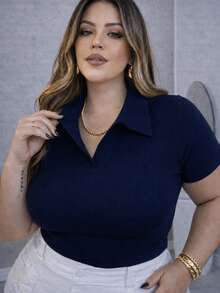 T-Shirt, Blouse, Polo Shirt, Ribbed Cotton, Comfortable, Elegant, Everyday, Casual, Plus Size 007 - 藏蓝色 - 查看 2