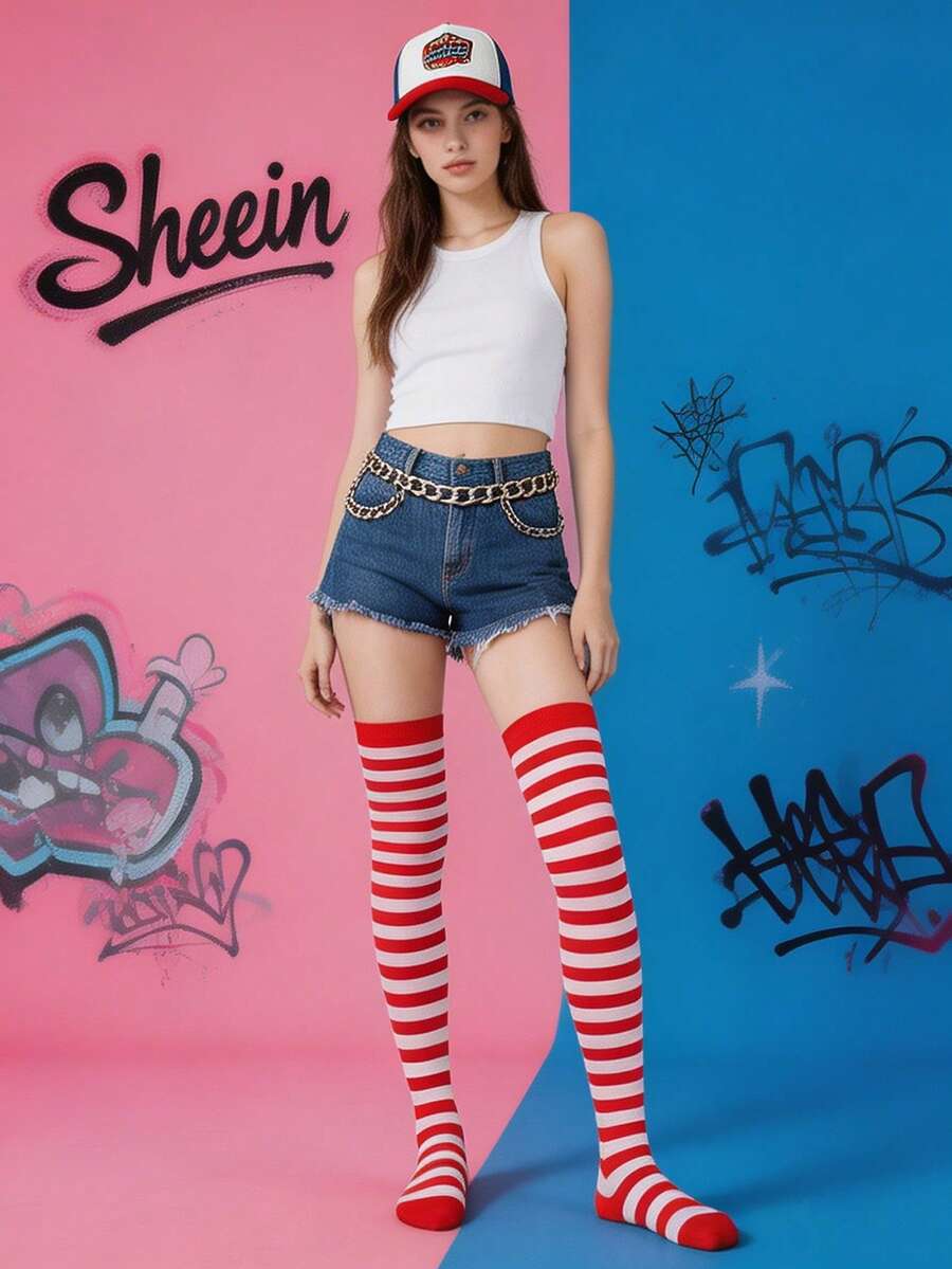 A Pair Of Ladies' Over-The-Knee Socks In Red And White Striped Design, Suitable For Parties And Vacations, Providing Warmth, Comfort. - Multicolor - View 1