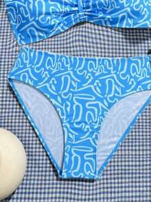 Teen Girl Abstract Pattern Halter Top And Bottom Bikini Set - Blue - View 4