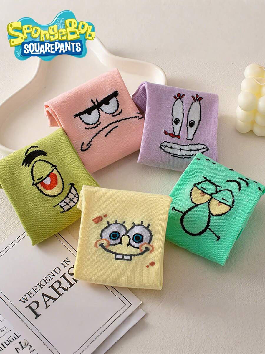 SpongeBob SquarePants 1/3/5/10雙女款趣味新穎卡通印花短襪,透氣吸濕中筒襪,適合夏季日常穿著 - 彩色 - 查看 1