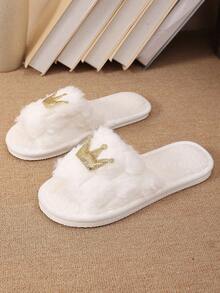 Pantuflas de casa estilo princesa con diseño de corona, abiertas de punta, de felpa, cálidas y cómodas, sandalias tipo slide de piel sintética para mujer - Dorado - Ver 4