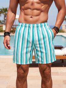 Men's Summer Beach Casual Contrast Stripe Drawstring Shorts - Mint Blue - View 3