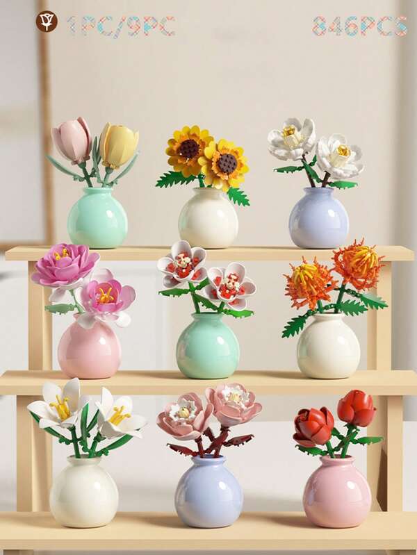 1 PC/9 PC/846PCS Realistic Eternal Flower Succulent Plant Floral Handmade Arrangement DIY Bouquet Vase Lily/Chrysanthemum/Rose/Hibiscus/Rose/Peony/Sunflower/Tulip/Gardenia 3D Assembly Creative Building Block Model Indoor Home Decor Desktop Ornament Mother's Day Gift Birthday Gift