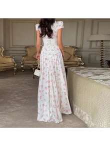 Elegante vestido largo rosa con estampado floral y volantes, corte en A, para mujer, perfecto para fiestas. - Blanco - Ver 2