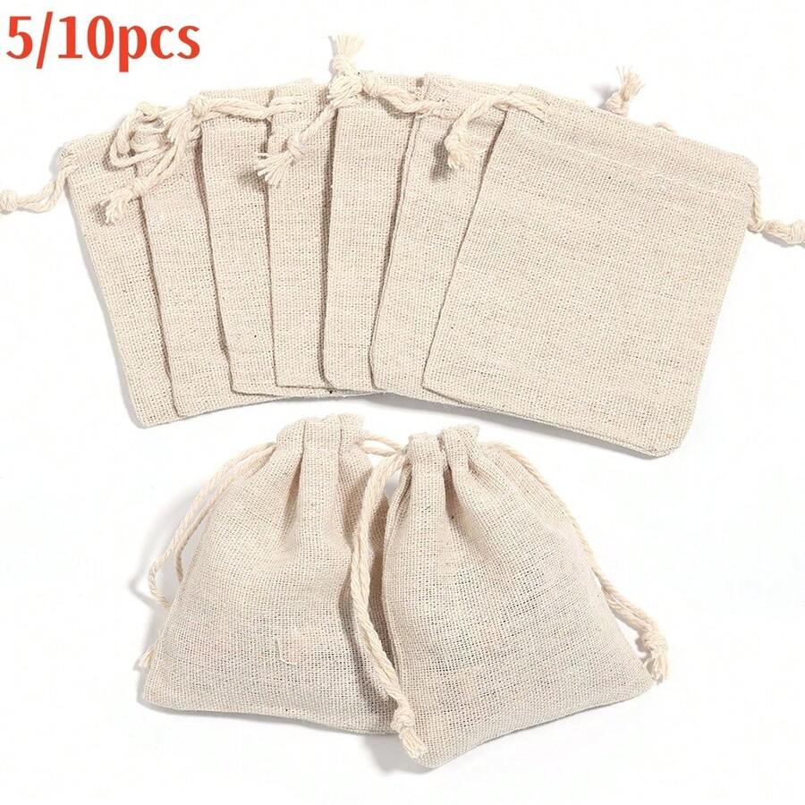 5, 10pcs/paquete Bolsas de lino fino con cordón, Bolsas de lino duraderas con cordón, Múltiples tamaños y modelos, Bolsas de almacenamiento de lona para joyas, piezas pequeñas sueltas, cuentas DIY, piezas pequeñas hechas a mano - Café integral - Ver 1
