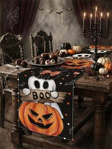 1pc Halloween Linen Table Runner, 183*33cm Pumpkin & Ghost Pattern Polyester Table Runner, Halloween Decoration, Halloween Party Dinner Table Decor, Home Decor, Halloween Candy Decoration, Happy Halloween Decoration, Table Centerpiece Decor, Scary Halloween Decoration, Tabletop Decor - Multicolor - View 5