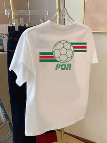 Women's Vintage Crew Neck T-Shirt, Double-Sided POR Football Print, Comfortable, Classic Casual For Everyday Wear - 白色 - 查看 2
