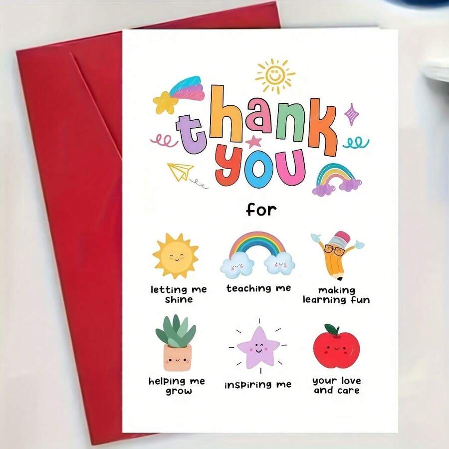 1 Set Teacher Appreciation Cards With Envelopes, Thank You For Helping Me Message, Rainbow, Sun And Education Symbol Design, Perfect For Teachers And School Staff, Teacher Appreciation Gift, Premium Greeting Card Gift - A - View 1