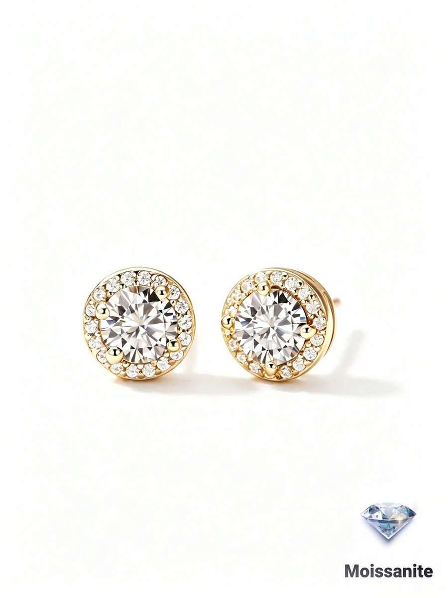 S925 Sterling Silver 1CT Moissanite Stud Earrings, Unisex Design Suitable For Daily, Business, Wedding, Vacation, Graduation, Birthday, Party Occasions - Gold - View 1