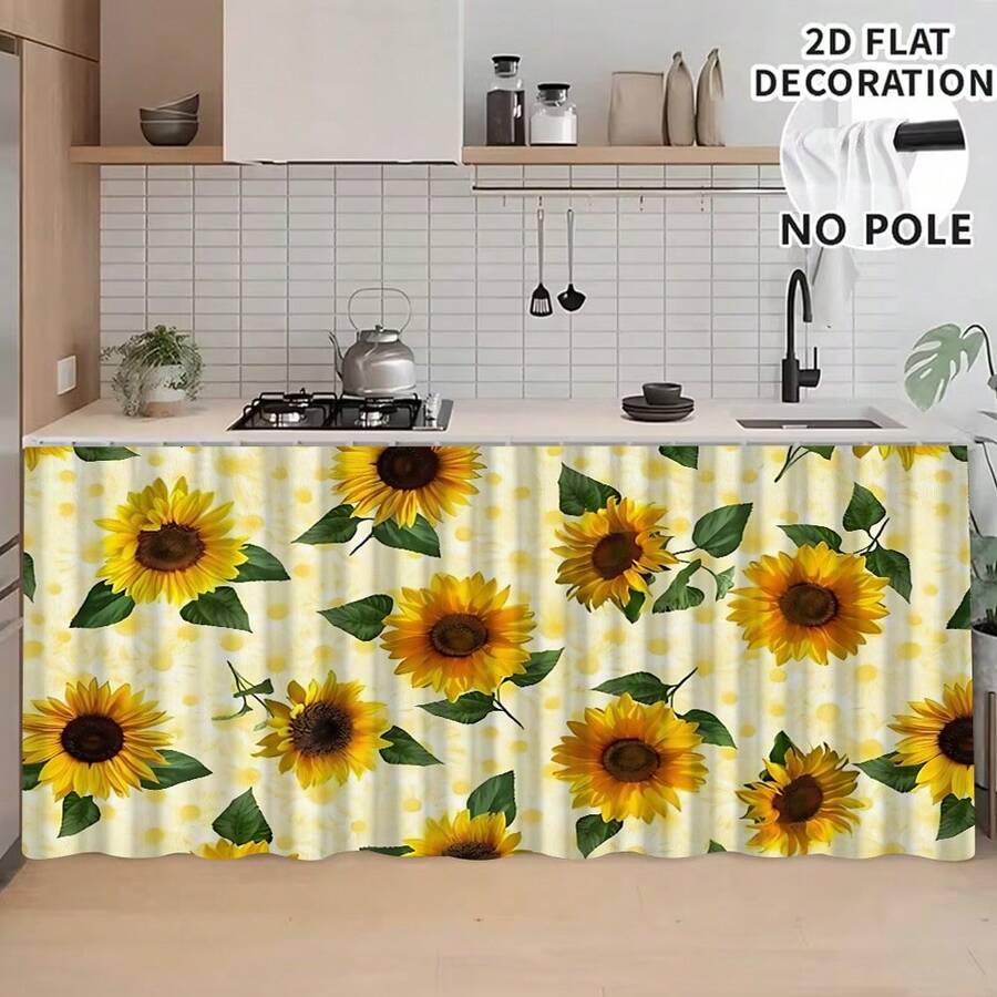 1pc, Home Decor, Sunflower Pattern Printed Table Skirt, Kitchen Small Curtain, Kitchen Cabinet Cover, With Curtain Holes, Easy To Hang, Rectangular, Machine Woven, Machine Washable, Kitchen Decoration And Accessories, Perfect For Kitchen Cabinets And Home Decor - Multicolor - View 1