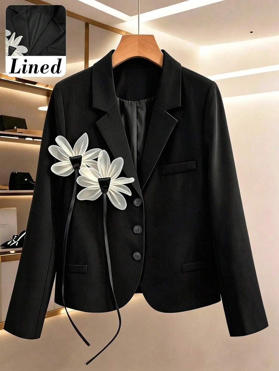 Women's Spring/Autumn Office Daily High-Quality Lined Design-Driven 3D Applique Decor Short Single-Breasted Long Sleeve Blazer - Black - View 1