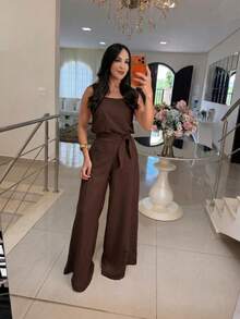 Casual Chic Wide-Leg Set - Two Pieces (Tank Top + Flowy Pants) - 鏽棕色 - 查看 1