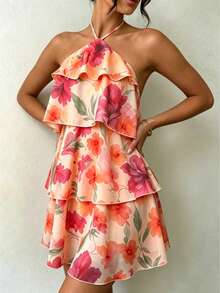 Vestido elegante de verano con estampado floral, cuello halter y volantes en el bajo para mujer - Naranja Coral - Ver 3