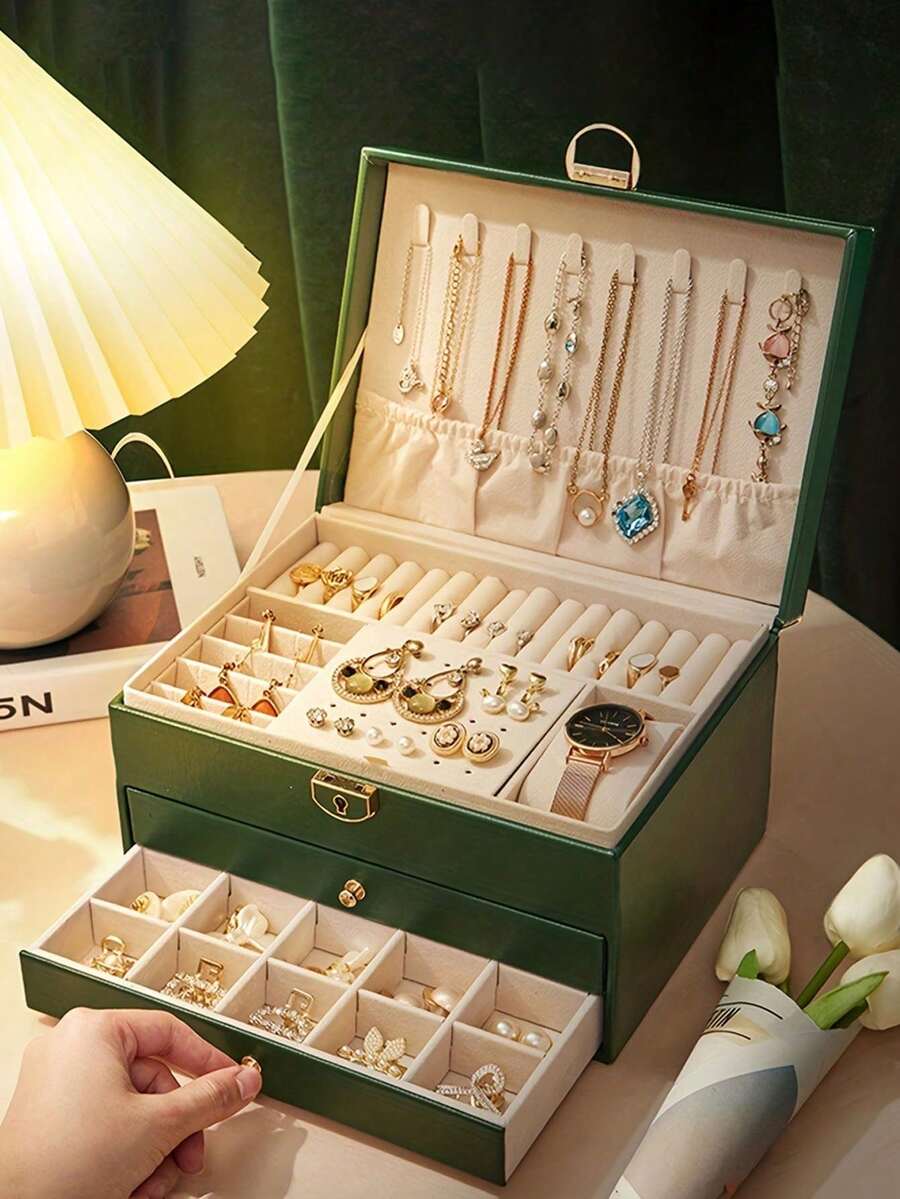 1pc PU Leather Belt Lock 3-Layer Jewelry Box, Jewelry Ring Box, Earring, Necklace Studs, Jewelry Display Box, Transparent Ring Box, Beaded Storage Box, Vintage Gift, Travel Jewelry Storage Box, Portable Jewelry Storage Box, Valentine's Day Gift - Multicolor - View 1