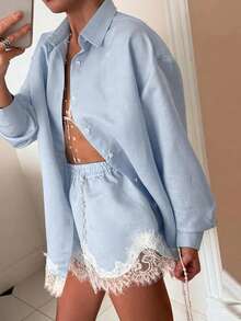 Women's Fashion Casual Lace Patchwork Lapel Long Sleeve Loose Shirt And Shorts 2-Piece Set, Solid Color Lace Patchwork Front Button, For Her Elegant - Blue - View 4
