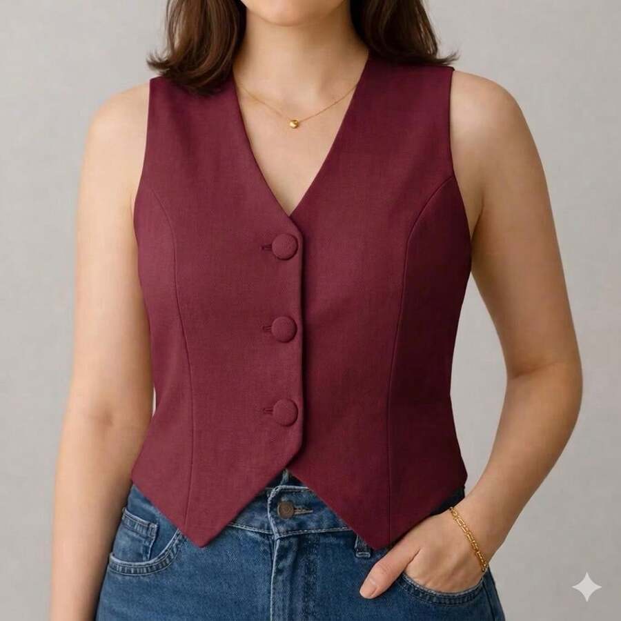 Women's Tailored Vest - Màu Đỏ Sâu - Xem 1