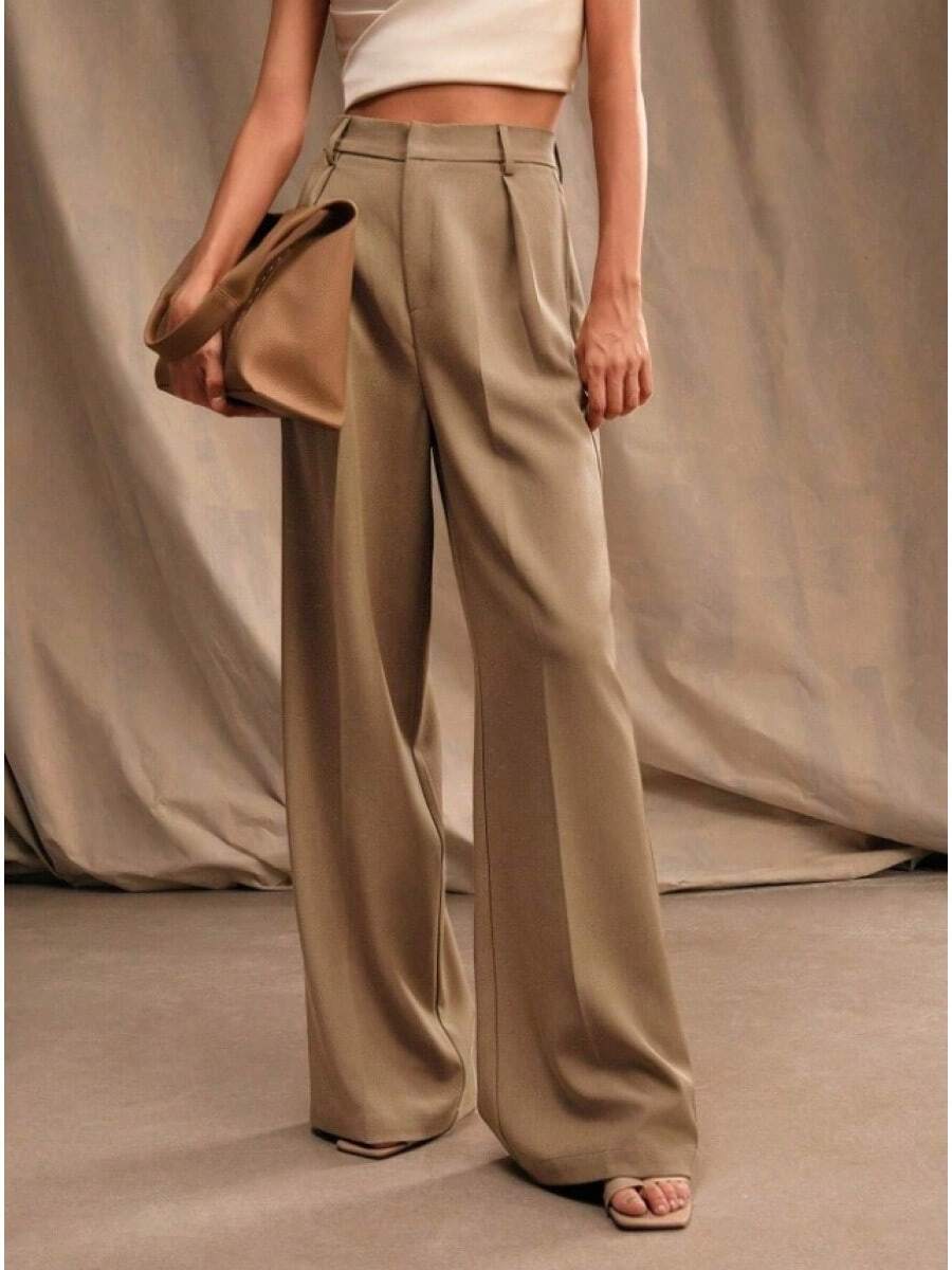 Women's 2026 Draped Casual Trousers, High Waist, Wide Leg Cut, Slimming Effect - 卡其色 - 查看 1