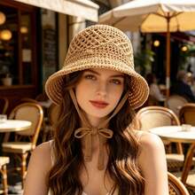 Women Crochet Bucket Hat Solid Color Cutout Breathable Knitted Beach Hat Sun Hat Spring Summer Bucket Caps - 卡其色 - 查看 4