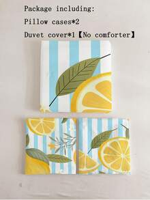 3pcs Blue White Striped & Sweet Lemon Slice Print Duvet Cover Set (1*Duvet Cover + 2*Pillowcase, Without Core), Easy Care,Chic, Lightweight - Baby Blue - View 3