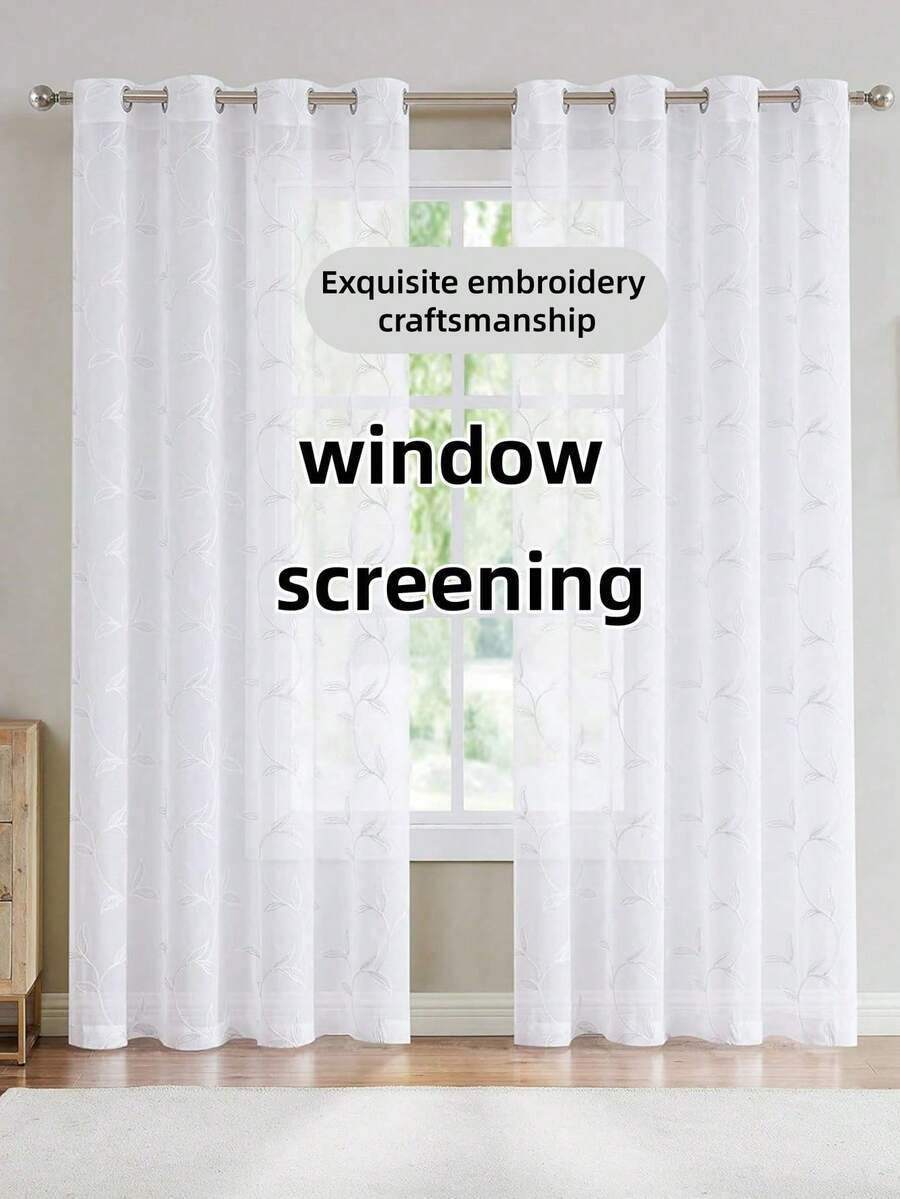 2pcs White Embroidered Sheer Curtains - Floral Pattern, Elegant Embroidery Design For Living Room And Bedroom Decor, With Grommet Rings - White - View 1