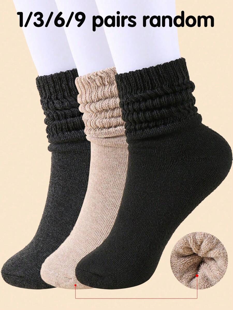 1/3/6/9 đôi tất nữ mùa đông màu kaki, tất len dệt kim dày ấm mềm, tất cổ cao phong cách vintage casual, tất lông xù - Nhiều màu - Xem 1