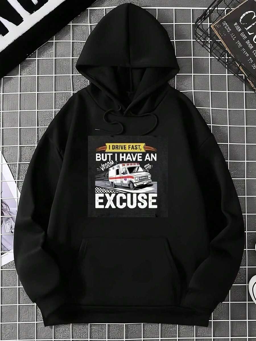 Sweat-shirt-shirt à capuche graphique de van de course avec lignes de vitesse et damier - Désolé pour la vitesse, design, Sweat-shirt-shirt noir avec poches, lavable en machine, tenue décontractée pour le sport automobile. - Noir - Voir 1