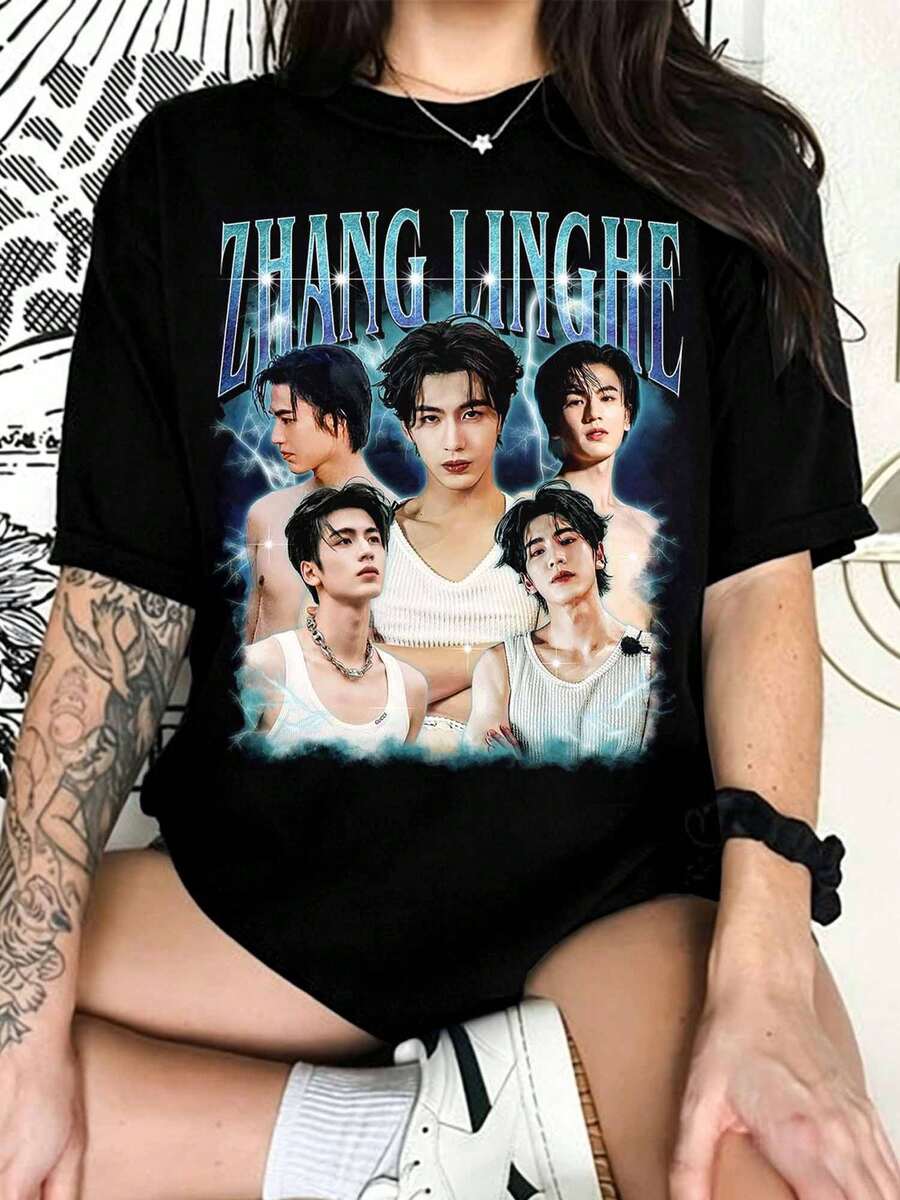Zhang Linghe Retro T-Shirt, Zhang Linghe Counterfeit T-Shirt, Zhang Linghe T-Shirt, T-Shirt For CDrama Fans, Chinese Actor T-Shirt, Movie T-Shirt, Trendys T-Shirt - 黑色 - 查看 1