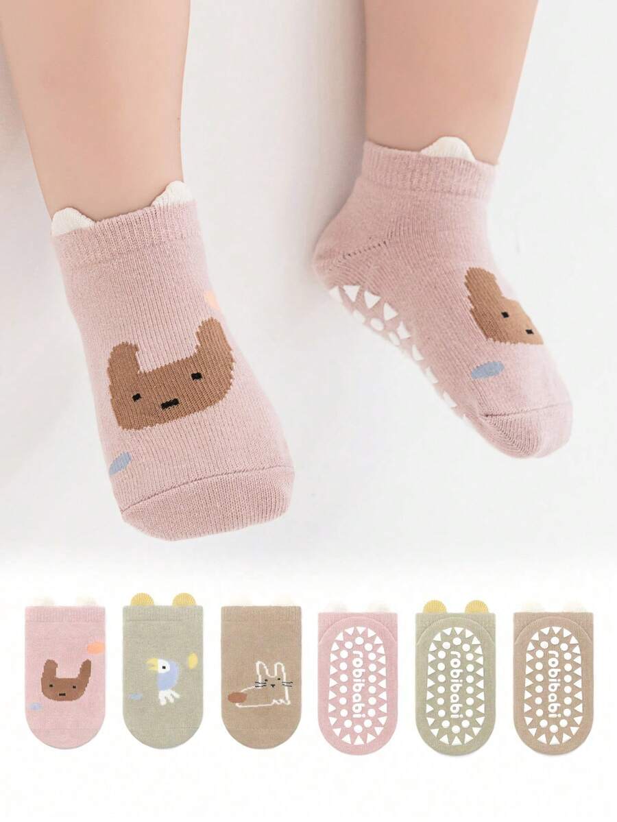 3 Pairs Anti-Slip Rubber Dot Cartoon Animal Print Non-Slip Baby Socks, Comfortable For Infants, All Seasons - Multicolor - View 1